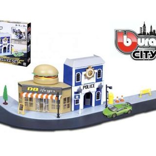 Burago City Deluxe set incl Police Station, Fast Food & Accessories with Lamborghini Build Your City