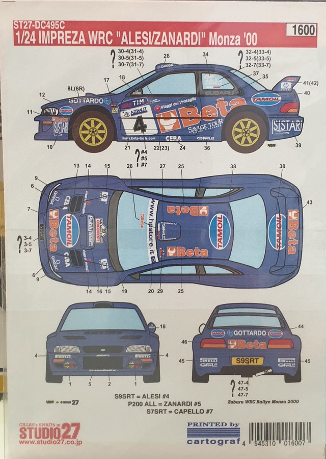 Studio 27 Decal Set Subaru Impreza WRC 2000 Monza Winner Rinaldo Capello or Jean Alesi or Alex Zanardi