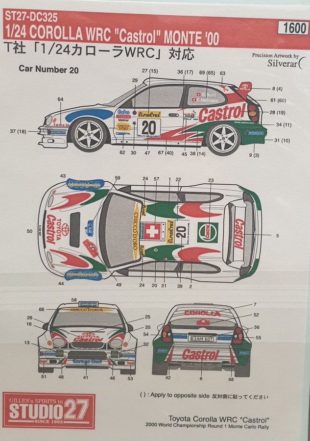 Studio 27 Decal Set Toyota Corolla WRC 2000 Rally Monte Carlo Henrik Lundgaard or Olivier Burri
