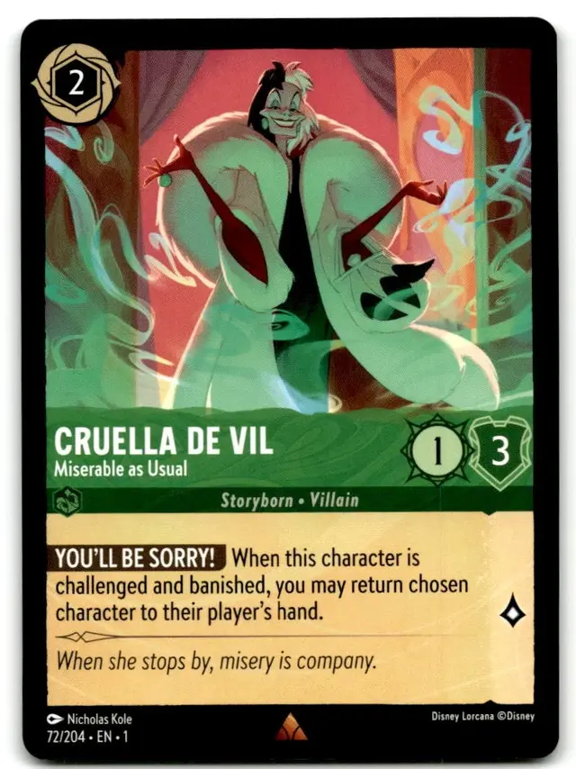 Disney Lorcana: The First Chapter RARE Cruella De Vil - Miserable As Usual #72/204