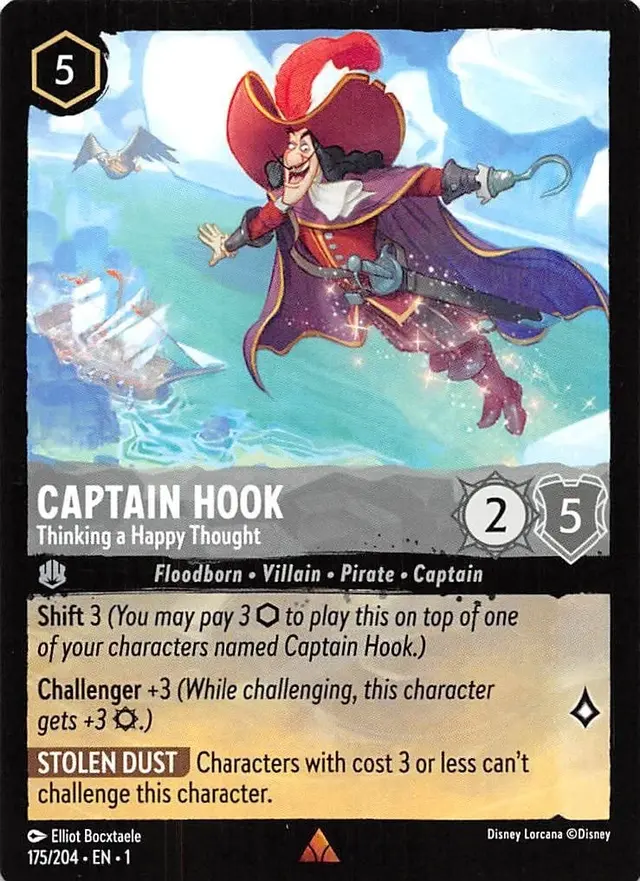Disney Lorcana: The First Chapter RARE Captain Hook - Thinking A Happy Thought #175/204