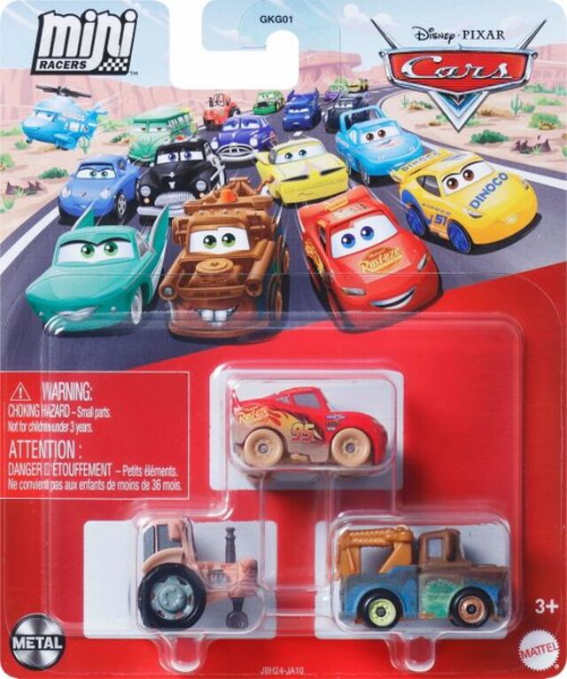 Disney Pixar Cars Mini Racers 3 Pack - Muddy Lightning McQueen, Tractor and Mater
