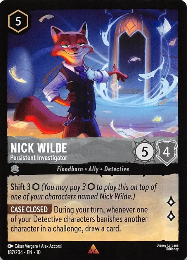 Disney Lorcana: Whispers In The Well RARE Nick Wilde - Persistent Investigator #187/204