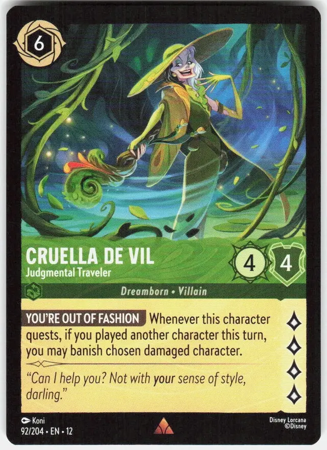 Disney Lorcana: Wilds Unknown RARE Cruella De Vil - Judgmental Traveler #92/204