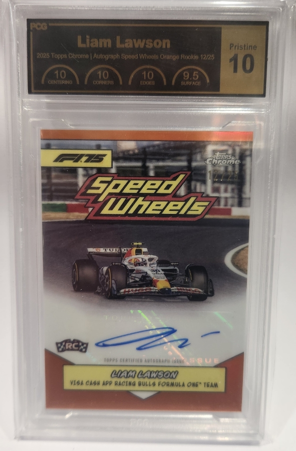 Liam Lawson #75A-6 2025 Topps Chrome Formula 1 1975 Speed Wheel Signature 12/25